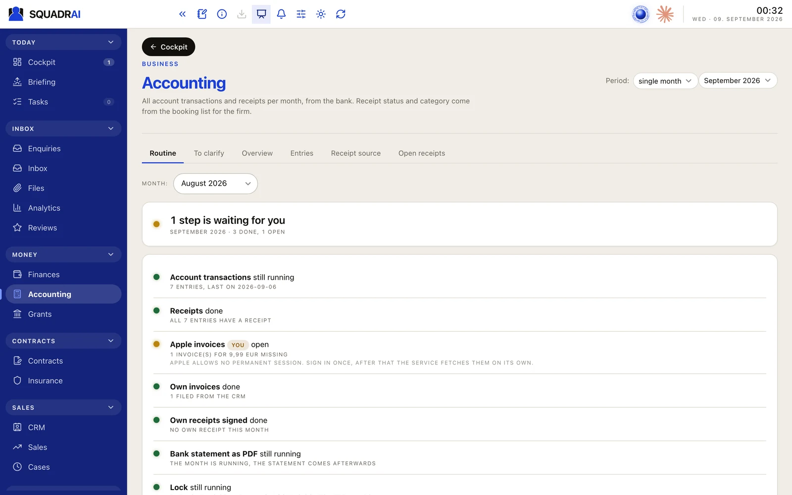 Accounting: the monthly routine step by step, with the status of each step.
