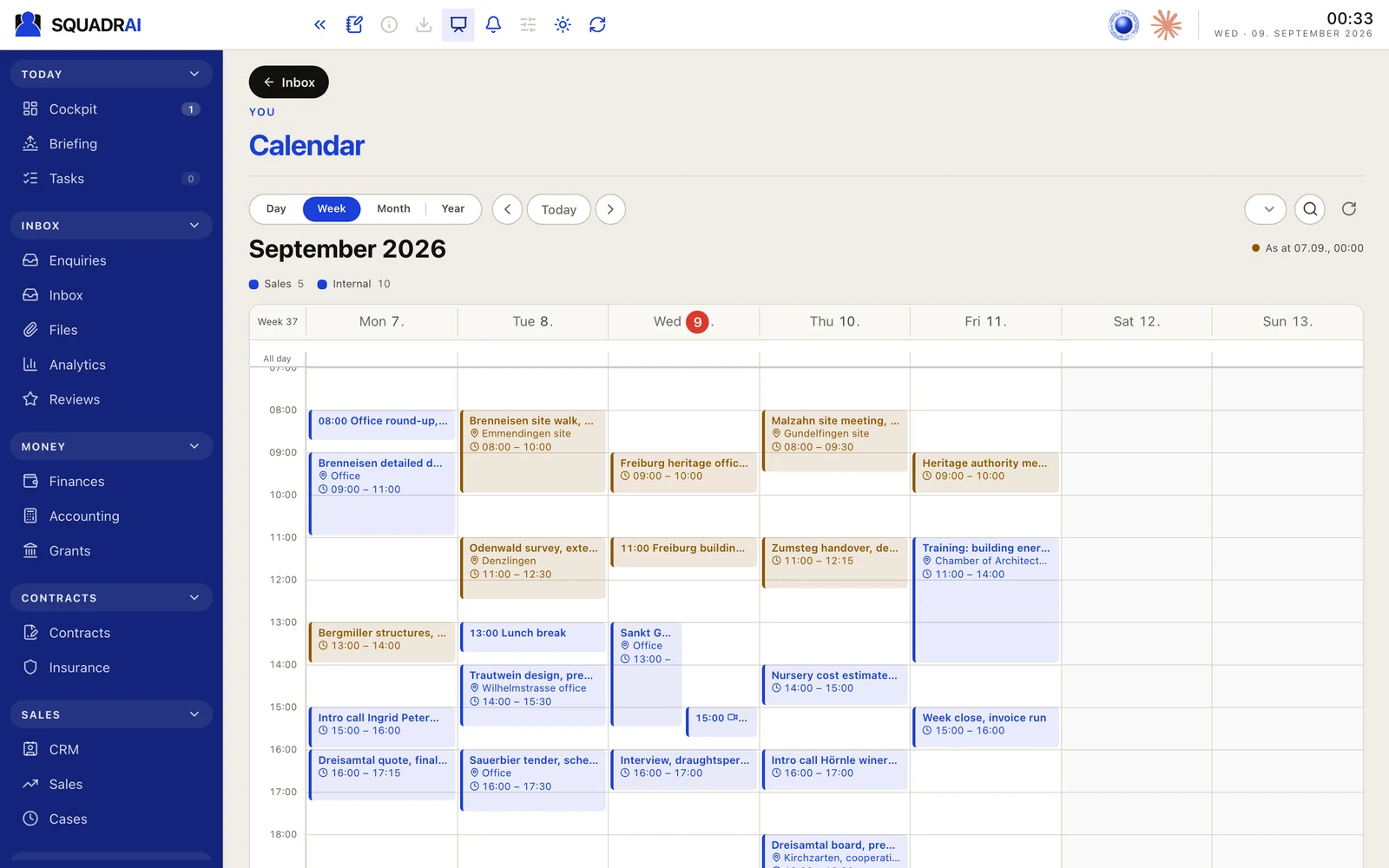 The calendar: the week from every connected calendar, with a line marking now.