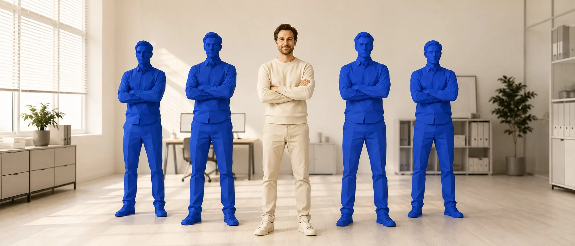Four figures of the crew standing around a person in the middle