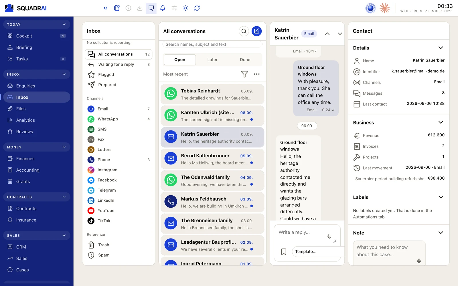 The inbox: every channel in a single stream, with the conversation history and the client figures from the CRM beside it.